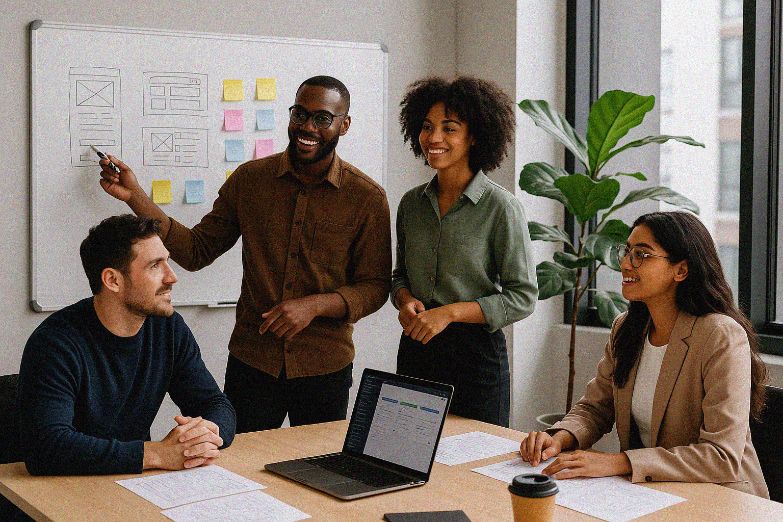 Diverse team collaborating in a modern office, discussing UI sketches on a whiteboard.