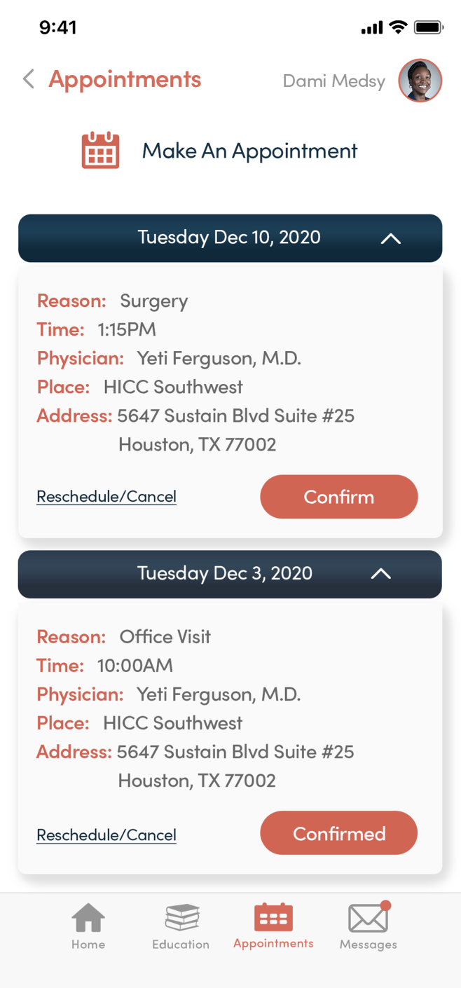 Appointment management: view details, confirm, or reschedule upcoming medical appointments.