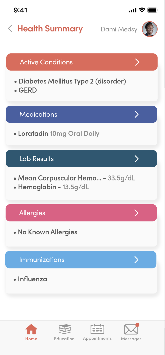 Comprehensive health summary: active conditions, medications, lab results, allergies, and immunizations at a glance.