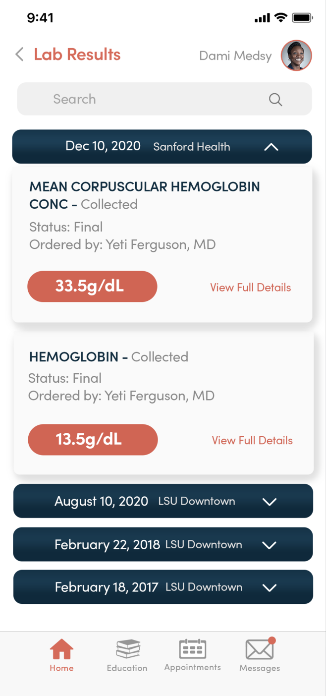 Detailed lab results: access and track specific lab values over time with clear presentation.